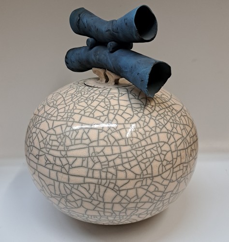 BS-064 Vessel - Lidded Pot - White Crackle Glaze 8.5x10 $395 at Hunter Wolff Gallery